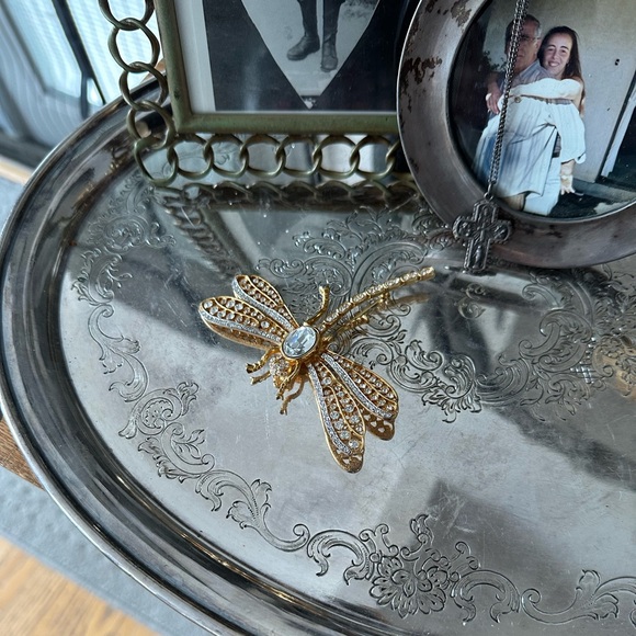 Jewelry - Large Gold Tone Dragonfly Brooch with Clear Crystals